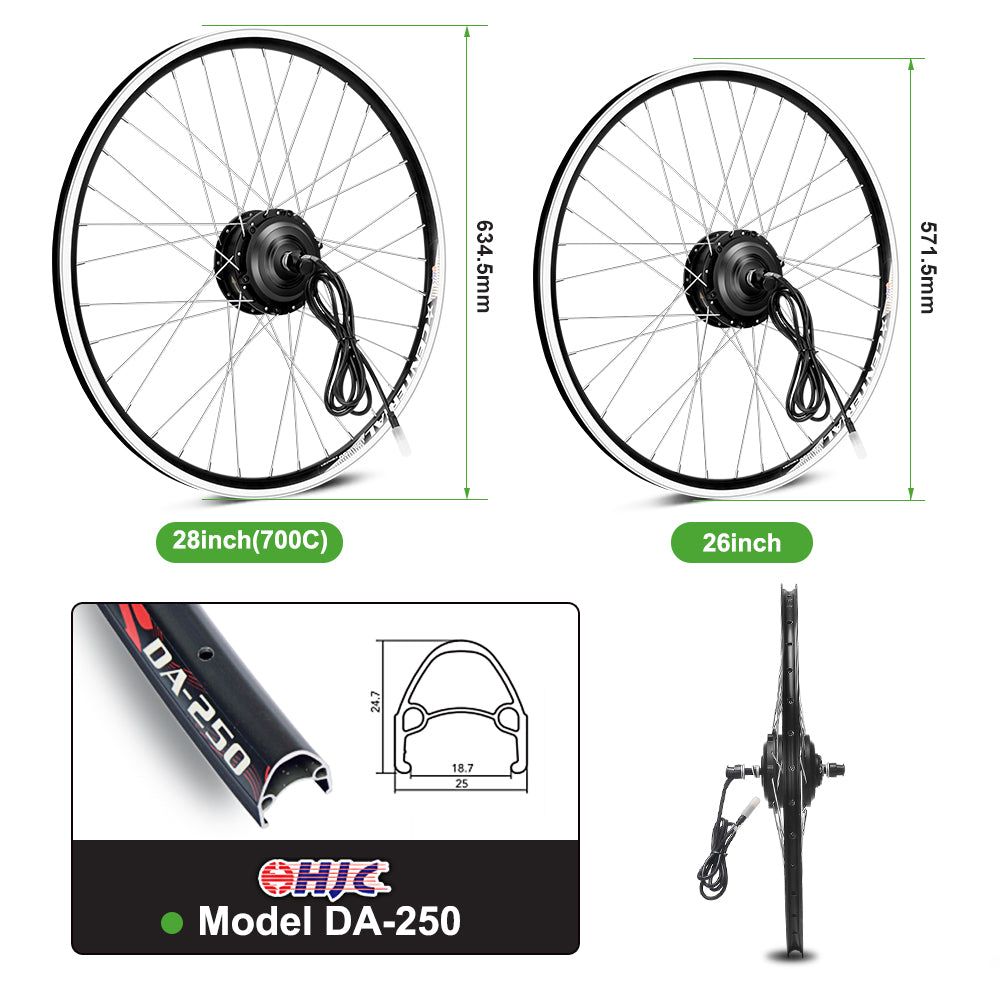 Kit de conversion pour vélo électrique Kit moteur avant 36 V 250 W 26"/28" (700C) et batterie HL1 36 V 18 Ah Kit de conversion de moteur de moyeu DIY 