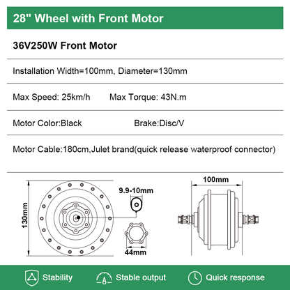 E-Bike Umbausatz 36V 250W 28"(700C) Frontmotor Kit mit HL1 36V 15,6Ah Akku Nabenmotor DIY Elektrofahrrad Conversion Kit