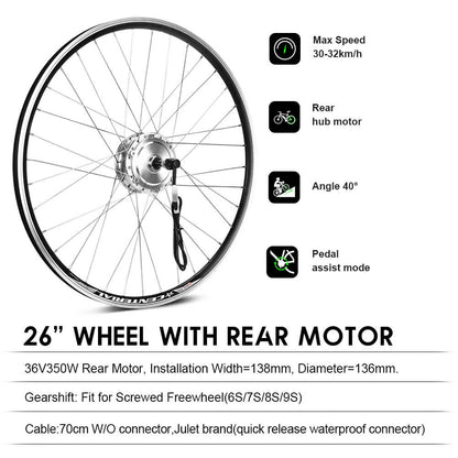 E-Bike Conversion Kit 36V 350W 26" Rear Freewheel Motor Bicycle Hub Motor Kit in Silver