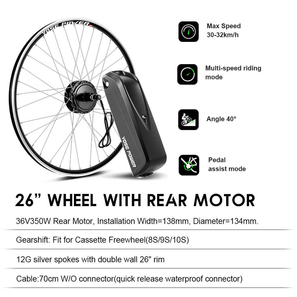 E-Bike Conversion Kit 36V 350W 26" Rear Motor Kit for Cassette with 36V 18Ah Battery and Charger