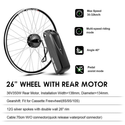 E-Bike Conversion Kit 36V 350W 26" Rear Motor Kit for Cassette with 36V 18Ah Battery and Charger