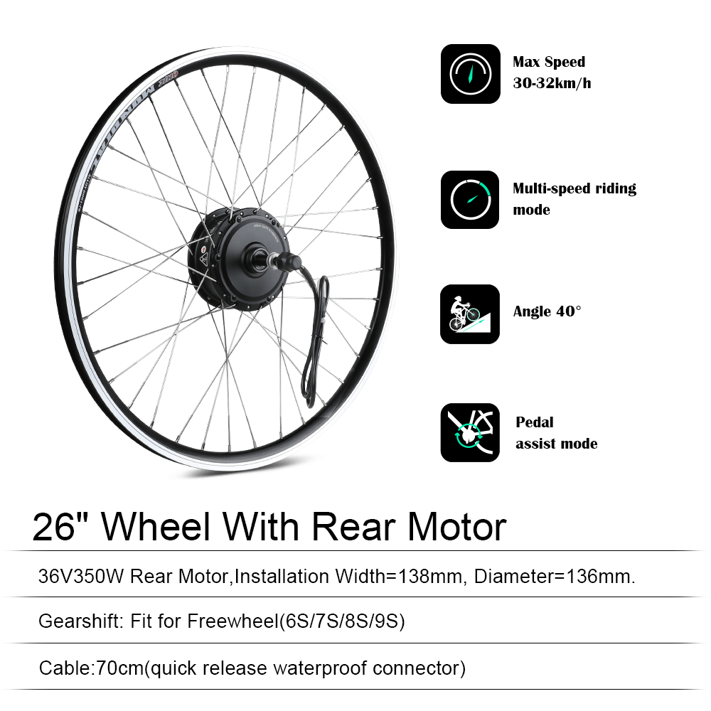 E-Bike Conversion Kit 36V 350W 26" Rear Motor Kit for Freewheel with 36V 13Ah Battery and Charger