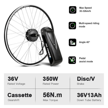 Kit de conversion pour vélo électrique 36V 350W 28" (700C) Kit moteur arrière pour cassette avec batterie 36V 13Ah et chargeur