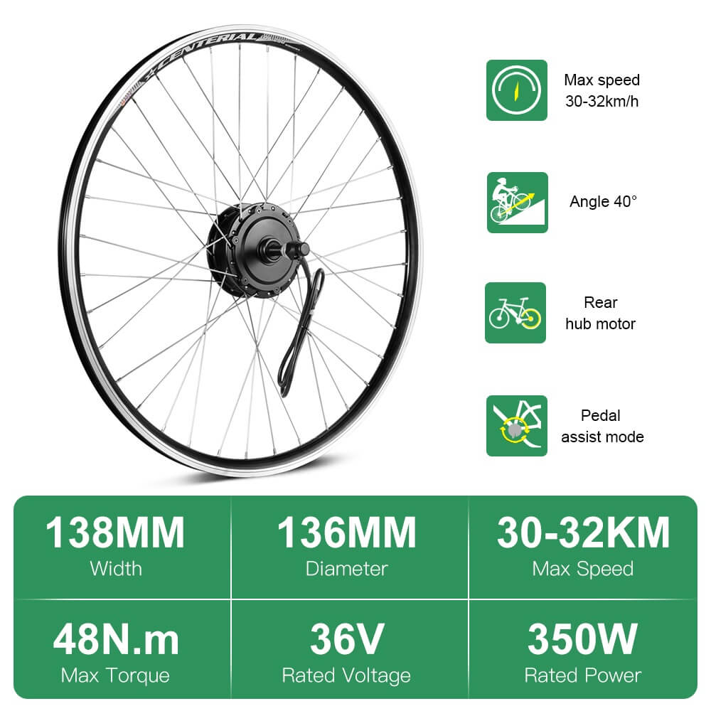 Kit Conversion Roue Arrière électrique 28" 36V 350W - Avec écran LCD, Pour Vélo Classique