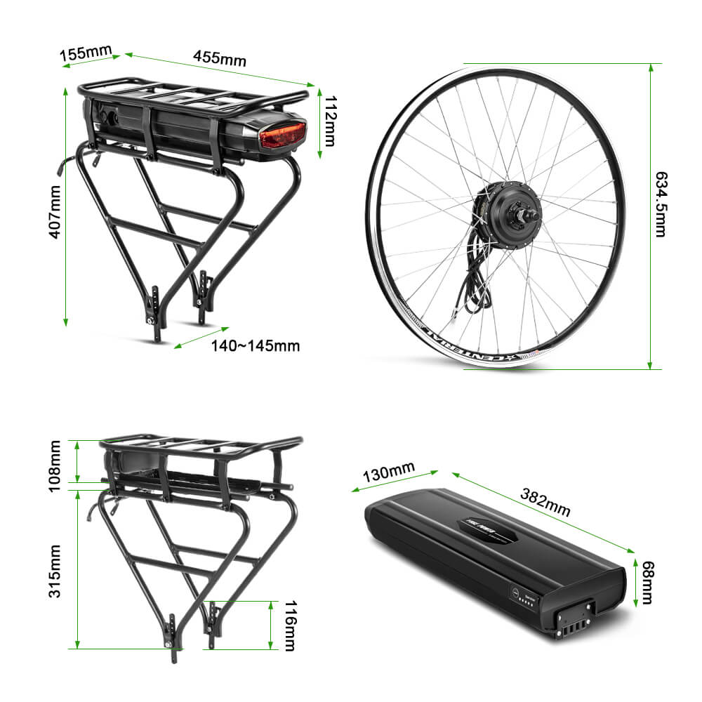 Kit de conversion E-Bike 36V 250W 28"(700C) Kit moteur avant avec batterie arrière 36V 13Ah avec support et chargeur pour vélo avec frein V-brake et frein à disque