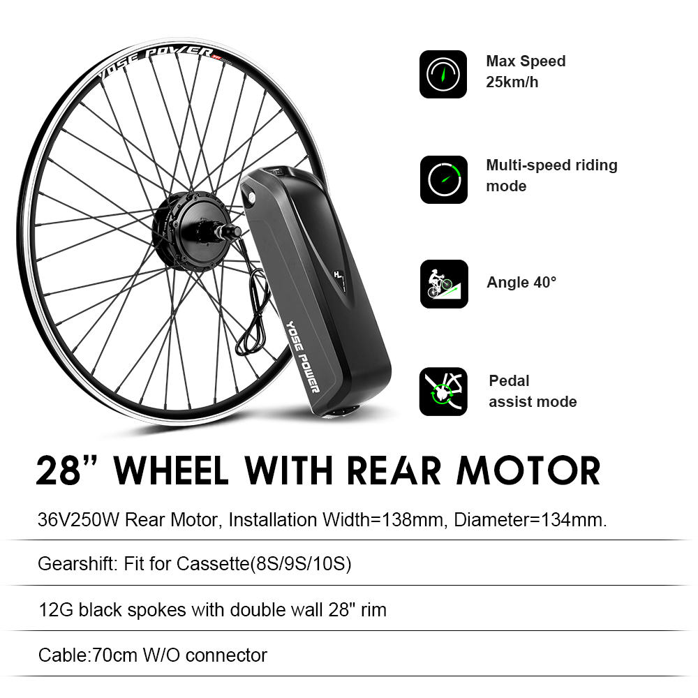 E-Bike Conversie Kit 36V 250W 28" Achter Motor Kit voor Cassette met 36V 18Ah Accu en Oplader