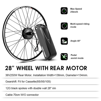 E-Bike Conversie Kit 36V 250W 28" Achter Motor Kit voor Cassette met 36V 18Ah Accu en Oplader