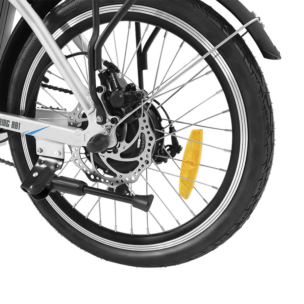 Folding ebike detail of left side of rear wheel motor