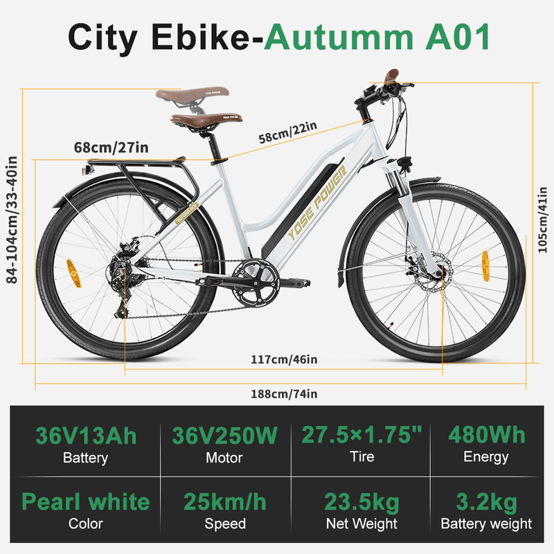 YOSE POWER 27.5" City E-Bike 250W Electric Bike with 36V 13Ah Battery Autumn A01