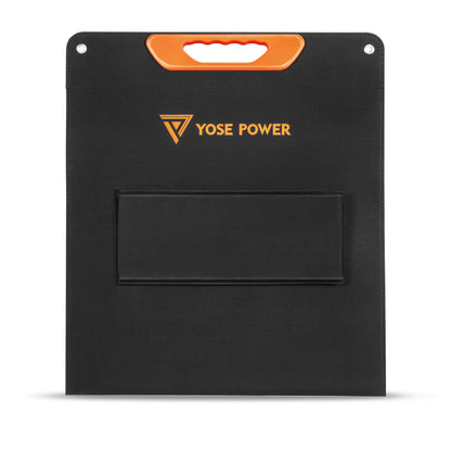 Foldable Solar Panel in foldable form, with orange handle and logo on the top