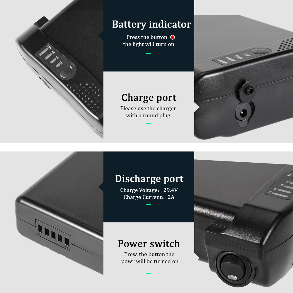 Battery Pack indicator, charge/discharge port and power switch