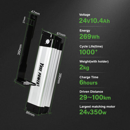 24V E-Bike Li-ion Seat Tube Battery SilverFish for Prophete MiFa Trio, Phylion/XH259-10J, Zhenlong/ZL07010-F