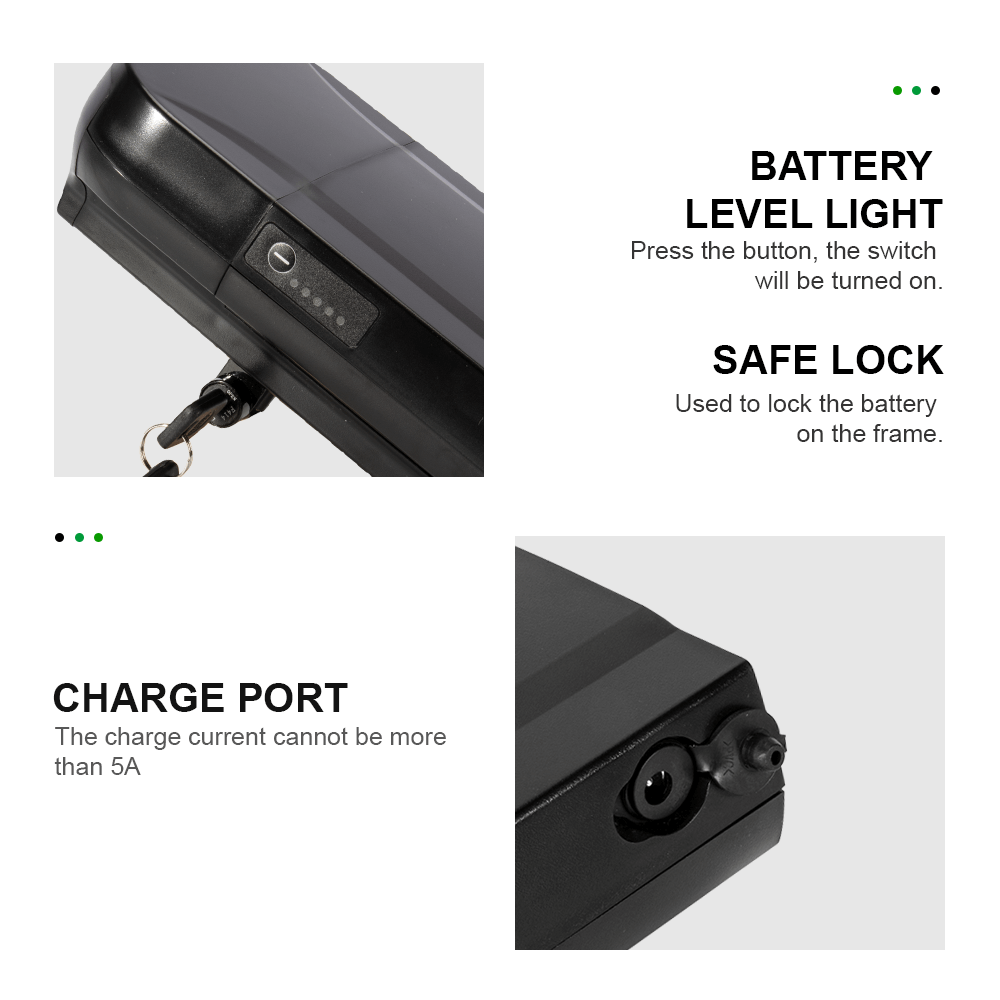 Battery safe lock, charge port and level light