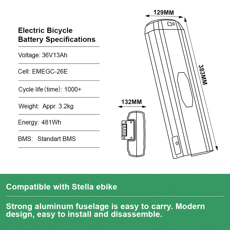 Batteria posteriore 36V 13Ah per batteria agli ioni di litio per bicicletta elettrica Stella Bike nera senza supporto e cavo di scarica