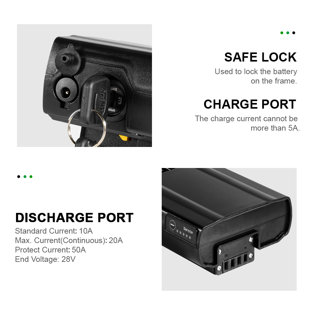 Battery safe lock, charge port and discharge port