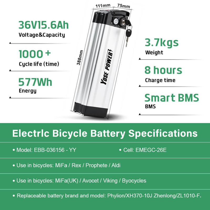 36V 15.6Ah SilverFish E-Bike Battery Electric Bike Li-ion Accu with USB Port for MiFa, Rex, Prophete, Aldi