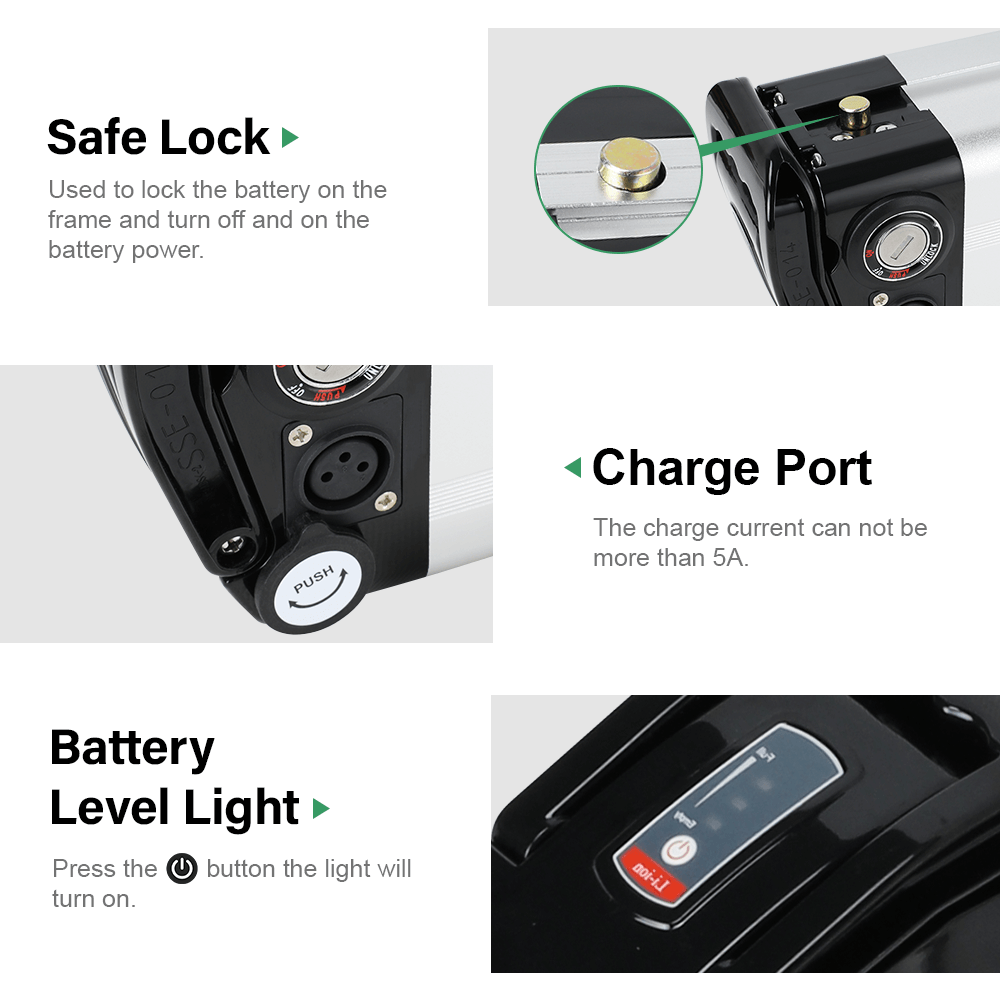 Battery safe lock, charge port and level light