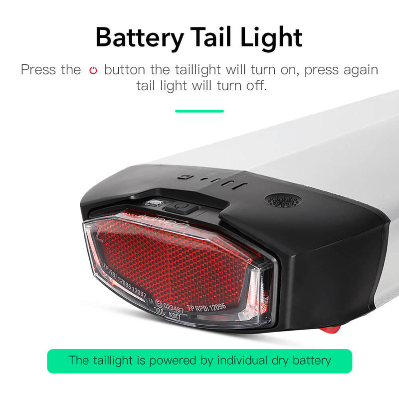 36V 13Ah/14.5Ah/48V10.4Ah E-Bike Li-ion Battery taillight with/without Rear Carrier for 26"-28" bike with V-brake and disc brake
