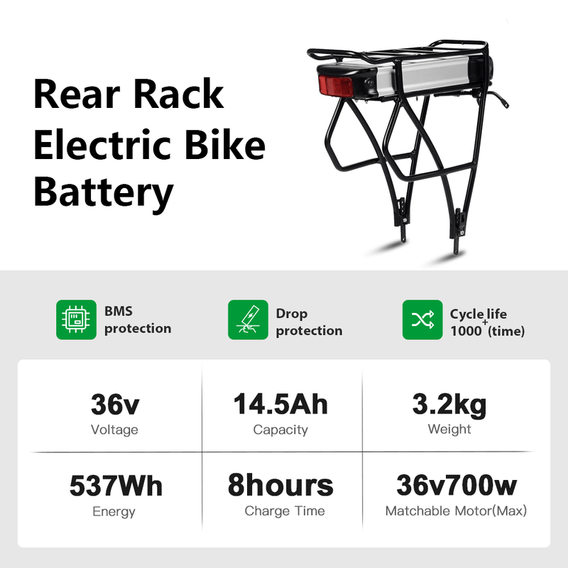 Batterie lithium-ion 36V13Ah/14.5Ah E-Bike avec/sans porte-bagages arrière noir pour vélo 26"-28" avec frein en V et frein à disque pour Prophete, Aldi, Alurex, ElFei