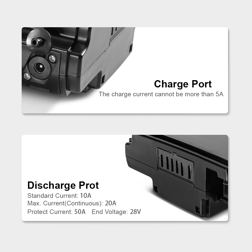 Battery discharge port and charge port