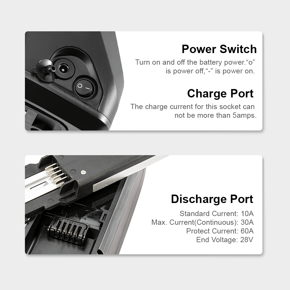 Battery power button, charge port and discharge port