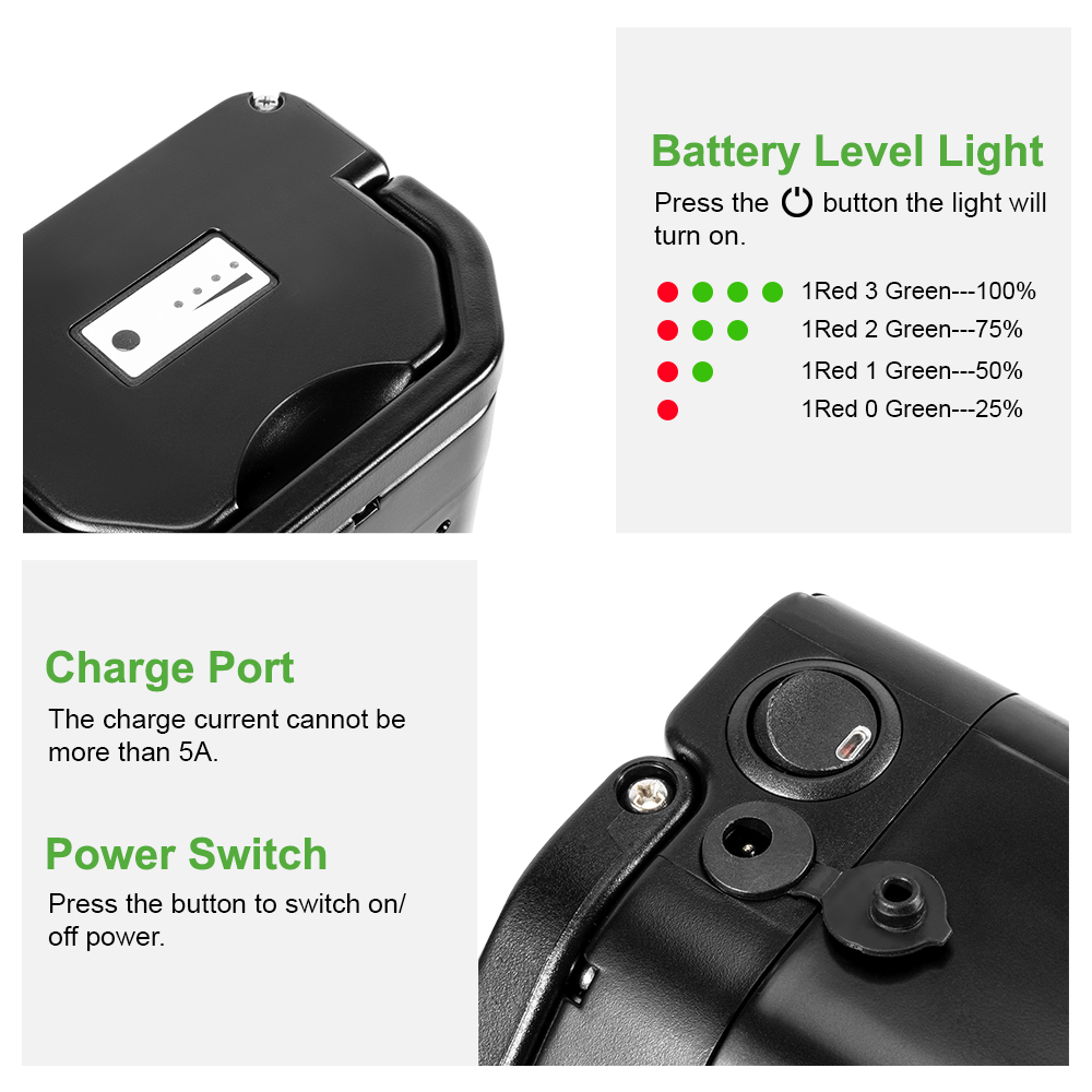 Battery power switch, charge port and level light