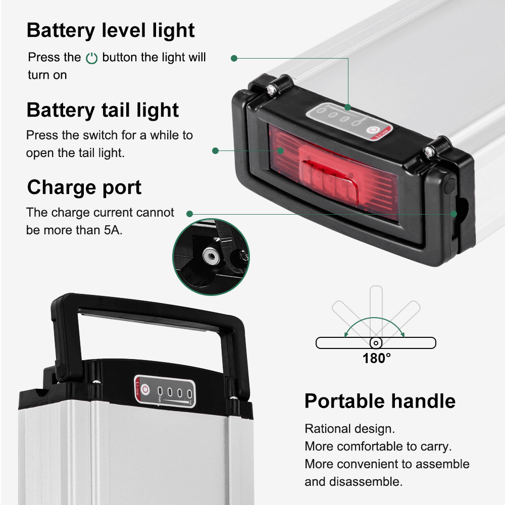 Rear Rack Battery level light, red tail light, charge port and portable handle