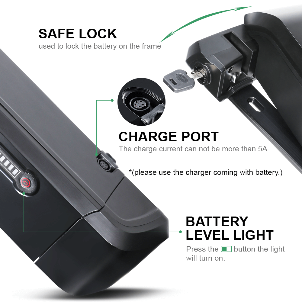 Battery safe lock and charge port and level light