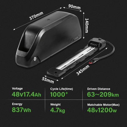 Batería de iones de litio de 48V 17.4Ah con enchufe Anderson E-Bike Down Tube Accu para kit de motor de 48V 250W-1200W