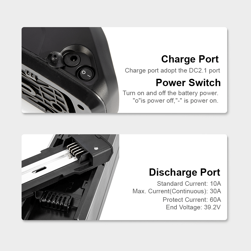 Battery charge/discharge port and power switch