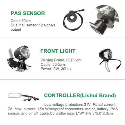 E-Bike Conversion Kit, pas sensor, front light and controller