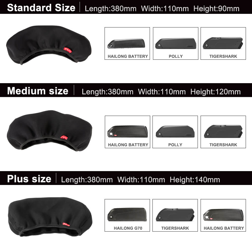 Examples of three sizes of Waterproof Cover and corresponding adapted batteries