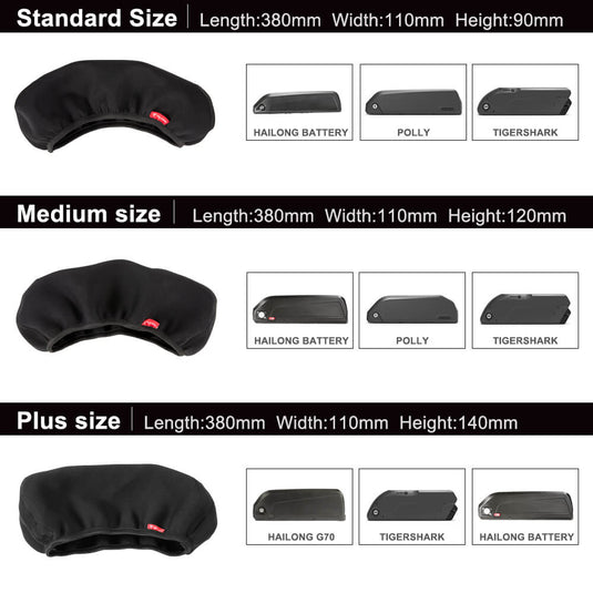 Examples of three sizes of Waterproof Cover and corresponding adapted batteries